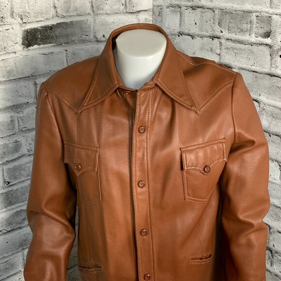 Vintage 70s Camel Faux Leather Shirt Jacket Retro Disco Collar Coat Shacket - Picture 2 of 13